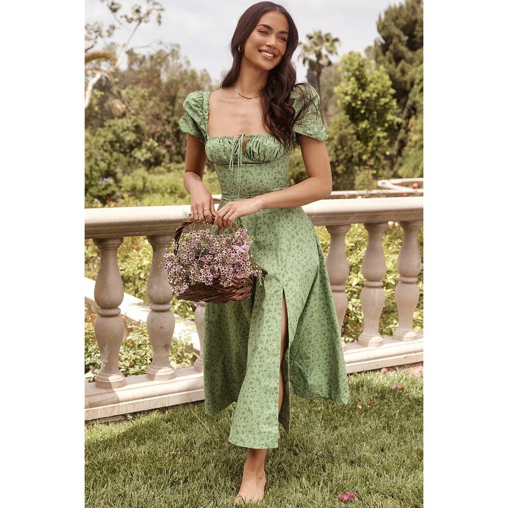House of CB Tallulah Green Tonal Floral Puff Sleeve Midi Dress M - Picture 3 of 7